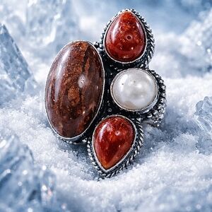 925 Signed Multi Stone Statement Ring Size 8 – Red Stone & Pearl Style Boho Ring
